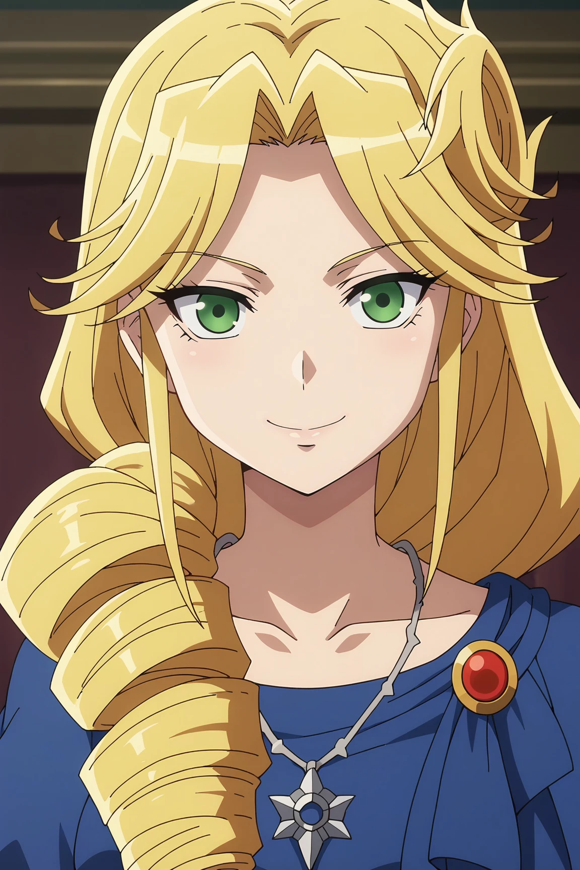 score_9, score_8_up, score_7_up, source anime, prefect lighting, very aesthetic, BREAK, anime screencap, anime coloring,
<lora:lakyus_overlord_v1-pdv6:0.9>, 1girl, lakyus alvein dale aindra, overlord \(maruyama\), blonde hair, green eyes,
lakyusout2, blue dress, necklace, drill hair,
BREAK, smile, looking at viewer, close-up, 
BREAK,