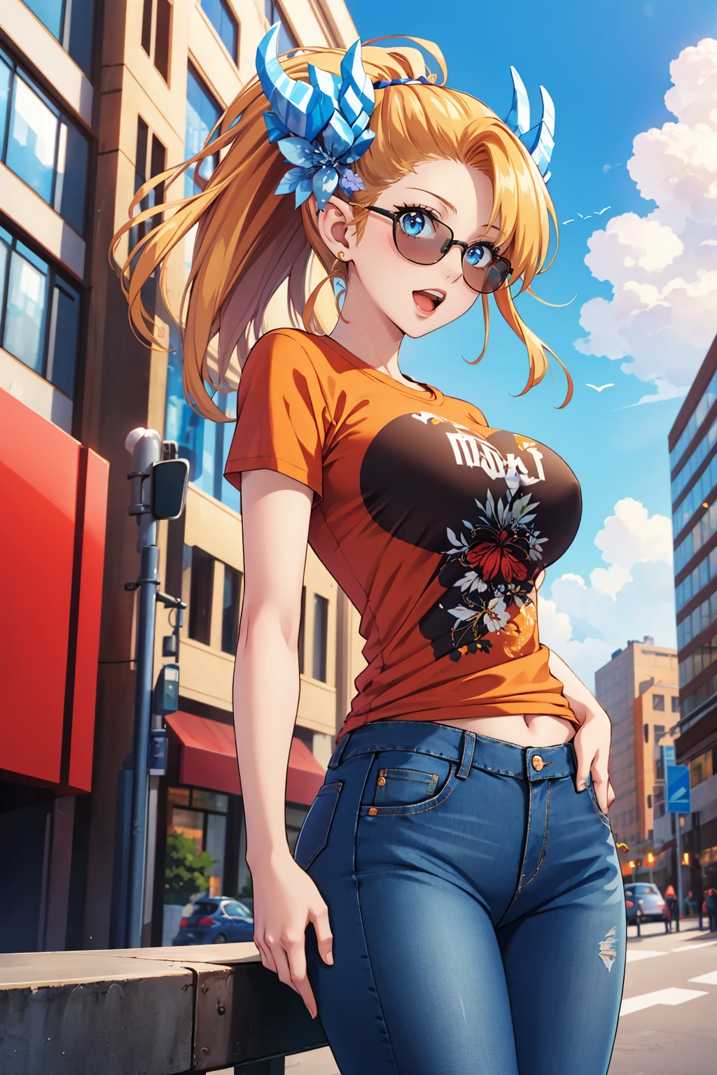 masterpiece, best quality, 1girl, solo <lora:sinmara-nvwls-v1-000008:0.9> sinmara, horns, blonde hair, ponytail, pointy ears, large breasts, orange t-shirt, jeans, sunglasses, city, blue sky, happy, open mouth, looking at viewer