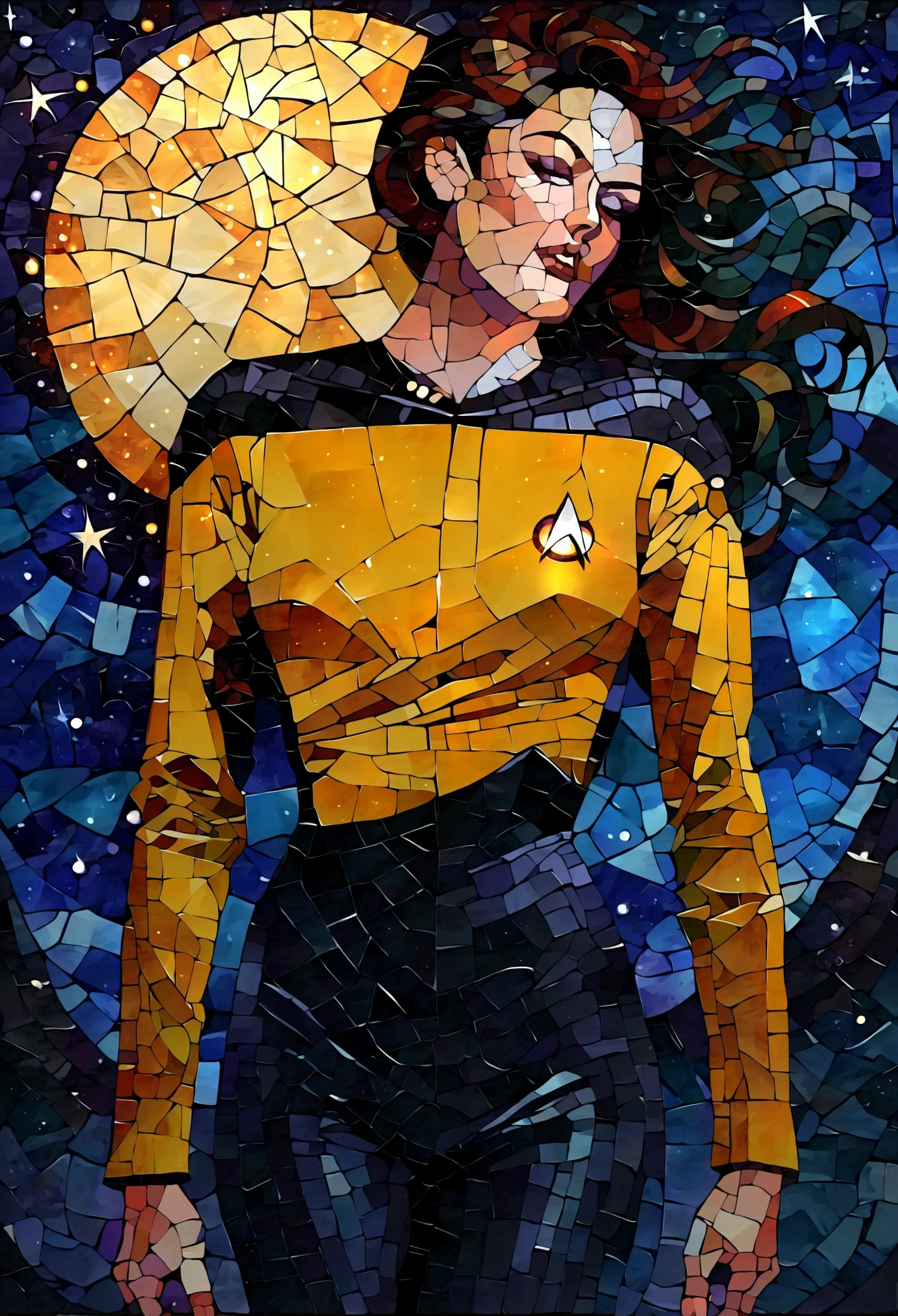 ArsMJStyle, Mosaic art <lora:ArsMJStylePony_-_Mosaic:1.2>
sttng1,star trek yellow uniform,black shoulders,black pants,long sleeves
,<lora:TNGS1-000030>