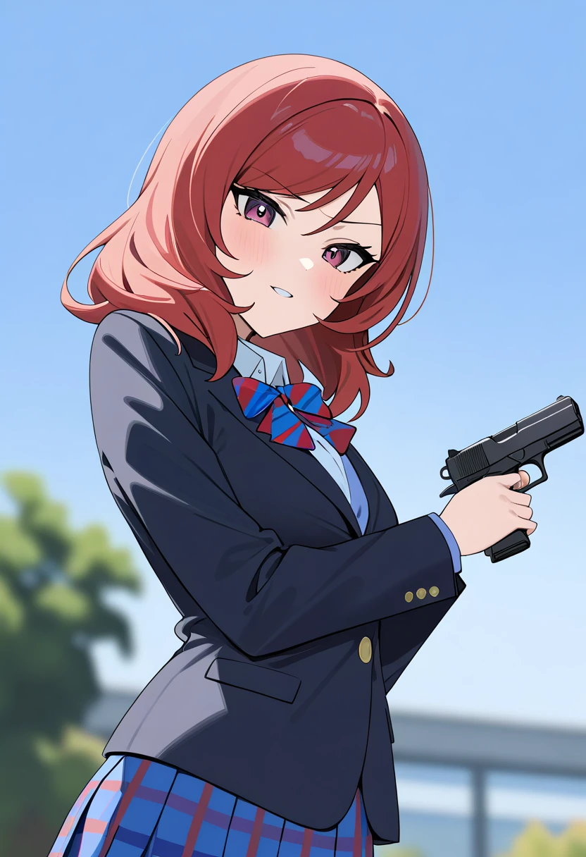 1girl, solo, nishikino maki, otonokizaka school uniform, holding m1911 pistol, masterpiece, best quality, newest, absurdres,
