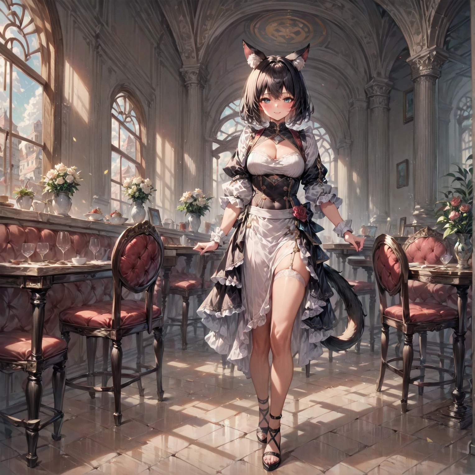 tail, animal ears, 1girl, modern day, restaurant, waitress, full body, looking at viewer, smile, black hair, short hair, <lora:Beastfolk_SD_1.5_r1:0.8>, very detailed, <lora:more_details:0.6>, high quality, highres, masterpiece, best quality, 8k, intricate, detailed, <lora:add_details_xl:0.6>, <lora:sinfully_stylish_SDKL:0.5>, <lora:nudify_xl_lite:0.5>, <lora:epiCRealismHelper:0.5>, <lora:NsfwPovAllInOneLoraSdxl:0.5>, <lora:JuggerCineXL2:0.5>