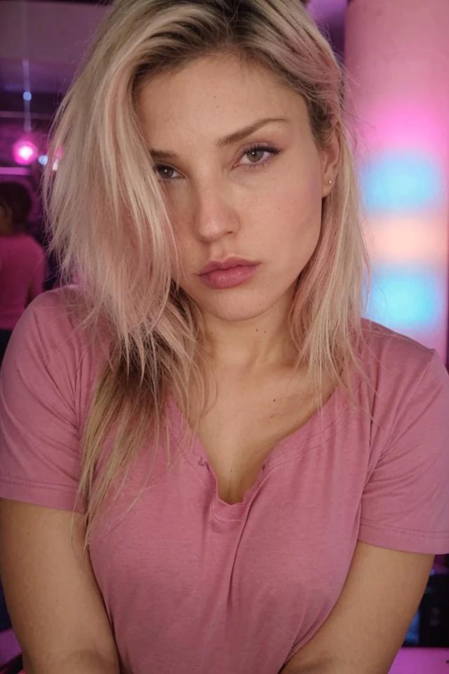 Portrait photo of p13tr4pr1nc1p3 woman, pink tshirt, in a night club