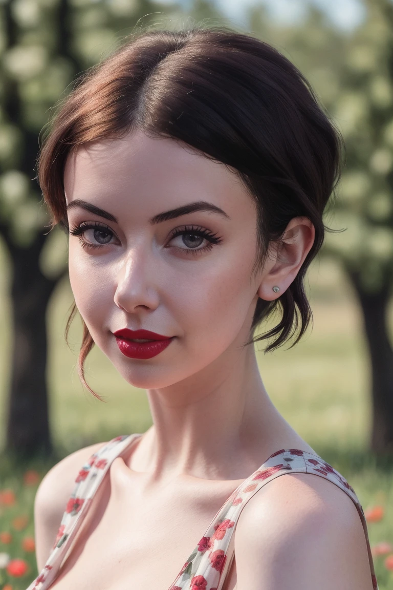 or-236,  ((detailed eyes, detailed face, beautiful eyes, beautiful face)), ((red lipstick, blush)), (slight smile), ((fully clothed, modest)), ,photo of a woman, RAW, close portrait photo, ((beautiful floral print sundress)),((short hair, pixie cut)), ((outdoors, gorgeous meadow, walking)),  8k uhd, dslr, soft lighting, high quality, film grain, Fujifilm XT3 sharp focus, f 5.6,, slight smile, ((detailed eyes, beautiful eyes, detailed face, beautiful face)),