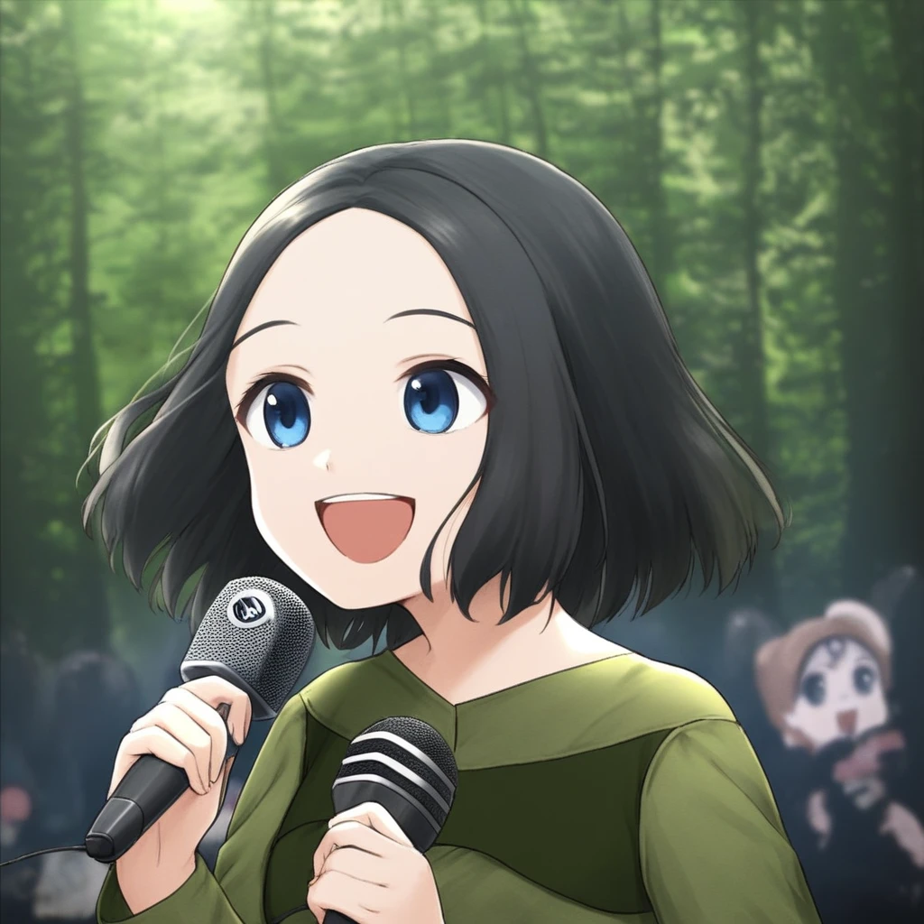 strapless dress, microphone, blue eyes, forehead, black hair, forest, open mouth, long sleeves, blurry, smile