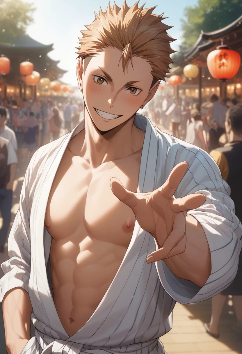 score_9, score_8_up, score_7_up, source_anime, rating_explicit, pulling own yukata, pecs, 1hand reaching out, Yujaikyu, 1boy, male focus, nipples, grin, teeth, head tilt, blushing, blurry outdoor lantern festival, food stalls, warm bokeh, realistic lighting,