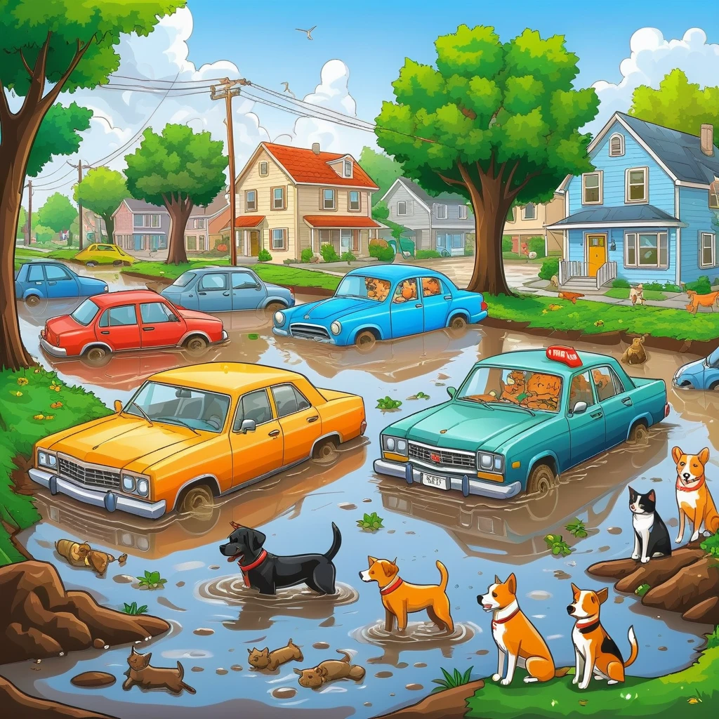 masterpiece,(cartoon style), <lora:CartoonStyle_Hap_XL:1>, creates an environment of climate disaster, mud and water, submerged cars, people in trees, flooded streets, dogs and cats on wet sidewalks, caricature comic style.