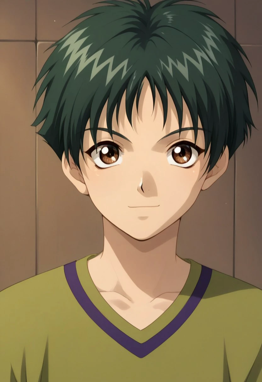 score_9, score_8_up, score_7_up, source_anime, highly detailed, 
sugurufujisaki, solo, 1boy, male focus, brown eyes, looking at viewer, closed mouth, green hair,
collarbone, shirt, upper body, short hair, bangs, smile,