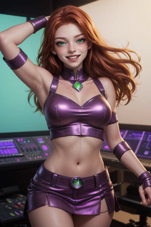 photo of Starfire in the studio, open mouth, freckles, athletic, slender, seductive, happy, half closed eyes, mischievous look, disheleved hair, windy, mesmerizing eyes <lora:Starfire-000004:0.8>