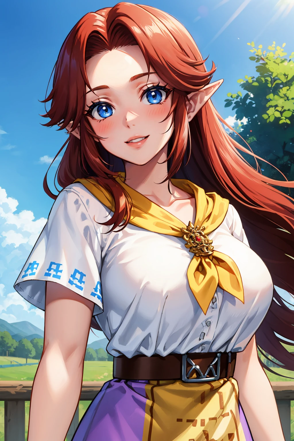 masterpiece, best quality, 1girl, solo  <lora:cremia-nvwls-v1-000009:0.9> cremia, red hair, pointy ears, white shirt, yellow neckerchief, short sleeves, belt, purple skirt, long skirt, brown apron, breasts, looking at viewer, farm, blue sky, fence, smile, upper body