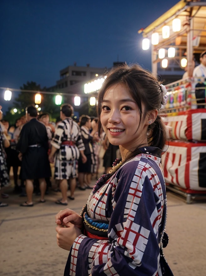 <lora:add_detail:0.2> <lora:ReaLora:0.4> (realistic, photorealistic:1.3), (blurry background:1.2), 
<lora:JP_FesFloat-v1:0.8> night, outdoors, crowd,
1girl, asian, 20yo, young adult, tied hair, 
standing, looking at viewer, (upper body:1.2), smile,
(yukata, obi:1.4),