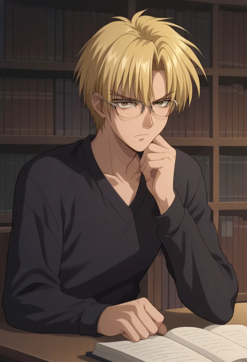 score_9, score_8_up, score_7_up, source_anime, highly detailed, 
eiriyuki, 
1boy, glasses, solo, male focus, blonde hair, bookshelf, book, yellow eyes,
upper body, sweater, black sweater, long sleeves, annoyed, sit, table,