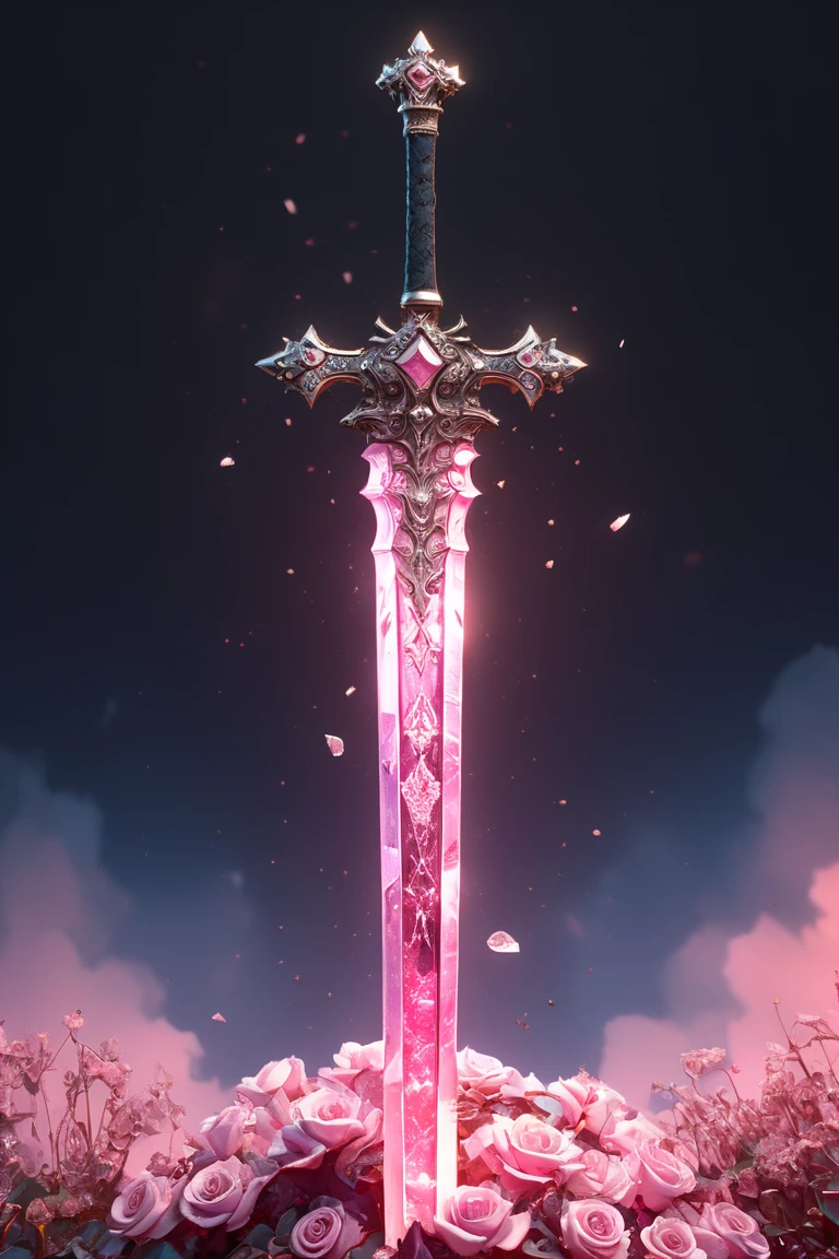 A majestic pink sword decorated with roses and crystals in a digital art style against a beautiful background. The artwork is in the style of cinematic style using an unreal engine. SwordDisplay, HD, masterpiece, best quality, hyper detailed, ultra detailed, super realistic