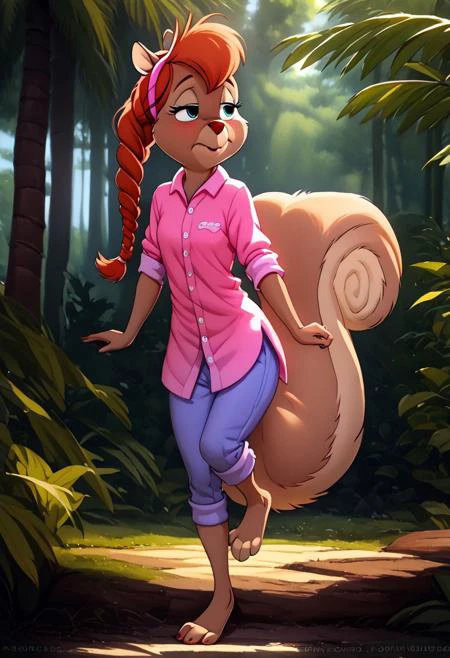 score_9, score_8_up, score_7_up, (best quality:1.1), ultra-detailed, great quality, anthro, high resolution, (((8k))), 1girl, squirrel, squirrel girl, day time, squirrel ears, shy face, front view, Tammy Squirrel, natural light, detailed sun rays, summer, braided hair, daytime, looking at viewer, BREAK., highly detailed background, (forest:1,4), half closed eyes, leaning the palm tree, one leg bent at the knee, detailed squirrel legs, detailed barefoot, pink shirt, blue pants, highly detailed face, (very detailed face:1.4), fluffy fur