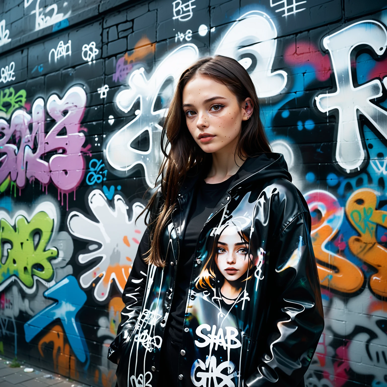 ((background and fashion made of reij-blckprlglss <lora:blackpearlglassSDXL-000009:1> )), oversizes shirt painted with graffiti street art fashion style, black long leather coat with hoodie, , , upper body,, posing cheekily, (((masterpiece))) , (((best quality))) , 2d, (adorable 1girl, solo:1.3), posing cheekily in front of a graffiti wall, 1woman, soft freckles, long hair, open hair