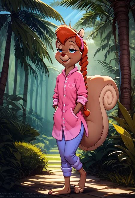 score_9, score_8_up, score_7_up, (best quality:1.1), ultra-detailed, great quality, anthro, high resolution, (((8k))), 1girl, squirrel, squirrel girl, day time, squirrel ears, shy smile, front view, Tammy Squirrel, natural light, detailed sun rays, summer, braided hair, daytime, looking at viewer, BREAK., highly detailed background, (forest:1,4), half closed eyes, leaning the palm tree, one leg bent at the knee, hands in pockets, detailed squirrel legs, detailed barefoot, pink shirt, blue pants, highly detailed face, (very detailed face:1.4), fluffy fur