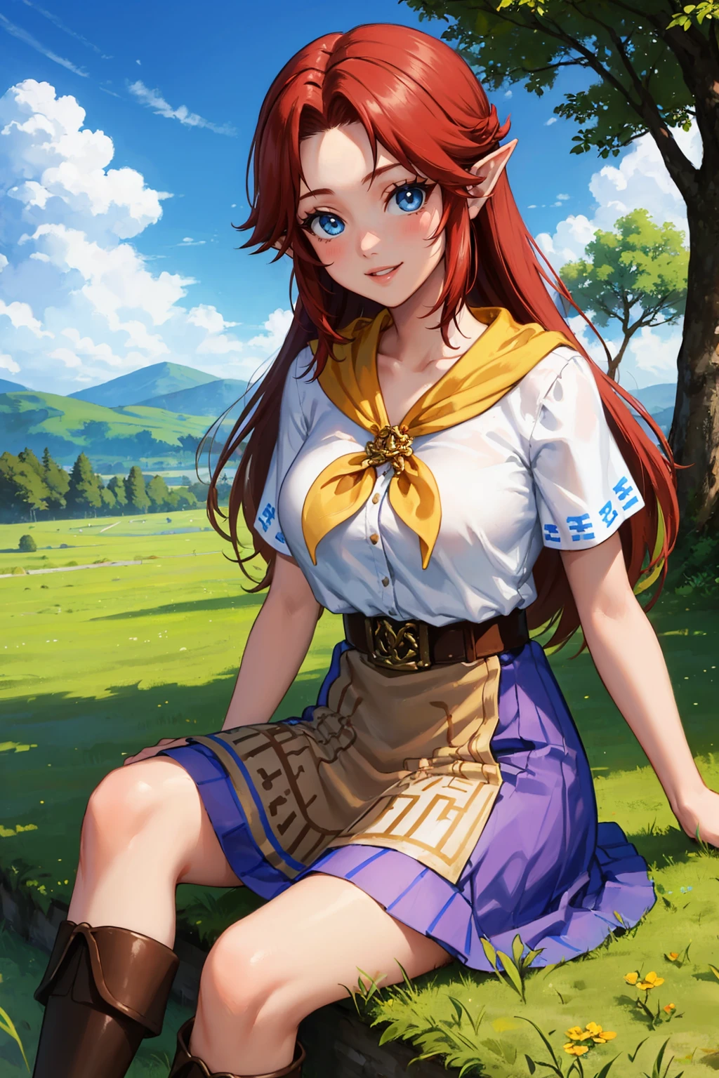 masterpiece, best quality, 1girl, solo  <lora:cremia-nvwls-v1-000009:0.9> cremia, red hair, pointy ears, white shirt, yellow neckerchief, short sleeves, belt, purple skirt, long skirt, brown apron, breasts, brown boots, sitting, on ground, field, hill, trees, blue sky, clouds, looking at viewer, smile