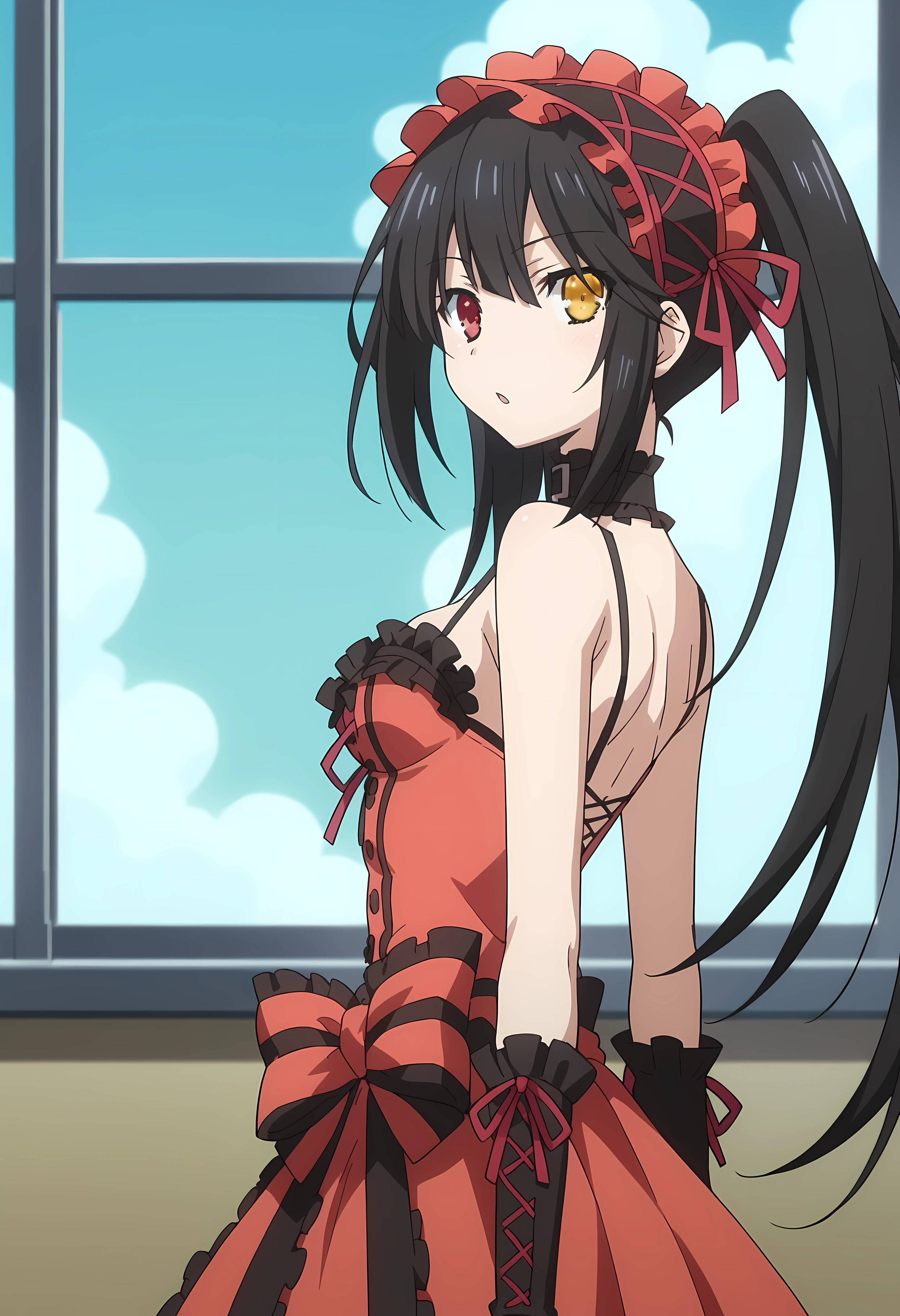 score_9, score_8_up, score_7_up, source_anime, 2d, Kurumi Tokisaki, 1girl, black hair, twintails, asymmetrical hair, red eye, yellow-clock eye, heterochromia, medium breasts, red hairband, cleavage, red dress, black gloves, red stomach ribbon, black choker, anime coloring, anime screencap, detailed eyes, zPDXL, perfect faces, uncensored, rating_explicit,   <lora:kurumi_tokisaki_0-000035:0.8>, from behind, looking back, looking at viewer, surprised,