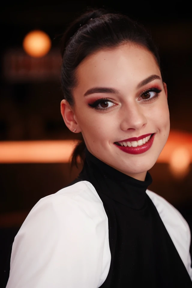 Portrait photo of g10rg14v1ll4 woman, black turtleneck blouse, in a night club, makeup, smile