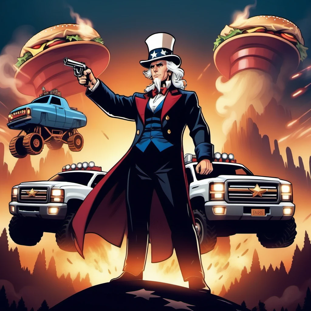 cinematic photo full body portrait of 1boy, top hat, white hair, ((facial hair)),  pointing, guns, eagles, missiles,  monstertruck, oil drilling, smoke, hamburger, french fries, dollar signs, usa <lora:OncleSam:0.8>  . 35mm photograph, film, bokeh, professional, 4k, highly detailed