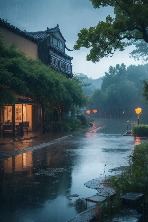 ltra-detailed,highly detailed,best quality,masterpiece,illustration, drawing, realistic, photorealistic,
rainy day, yanyujiangnan,
scenery, no humans, outdoors, rain, nature, water, night, sky, mountain, tree, blurry, splashing, ripples, 
 <lora:rainy day_v1_01:0.7>