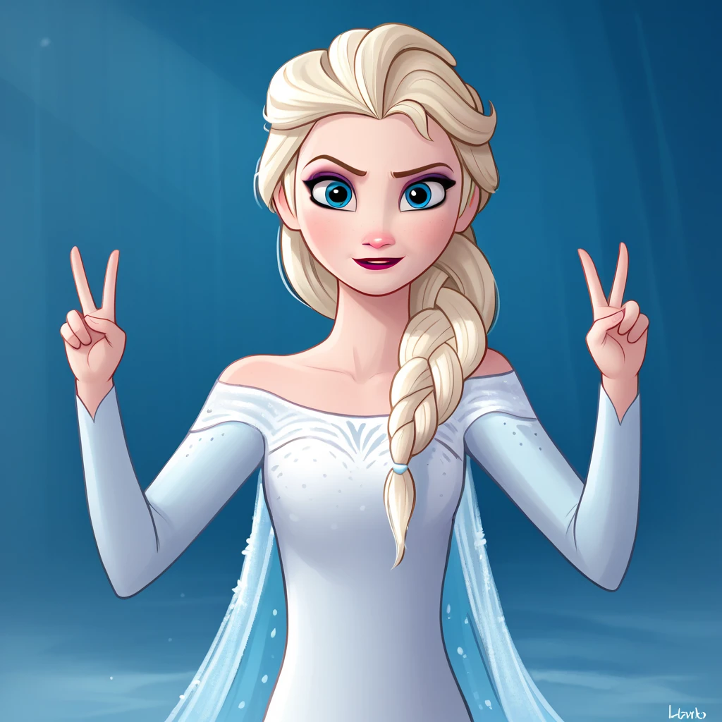 score_9_up, BREAK, Elsa,1girl, solo, blonde hair, braid, single braid, blue eyes, makeup, hair over shoulder, white dress, long sleeves, cowboy shot, double v, <lora:Elsa_Frozen_PXL_Leaf1:1>, looking at viewer,