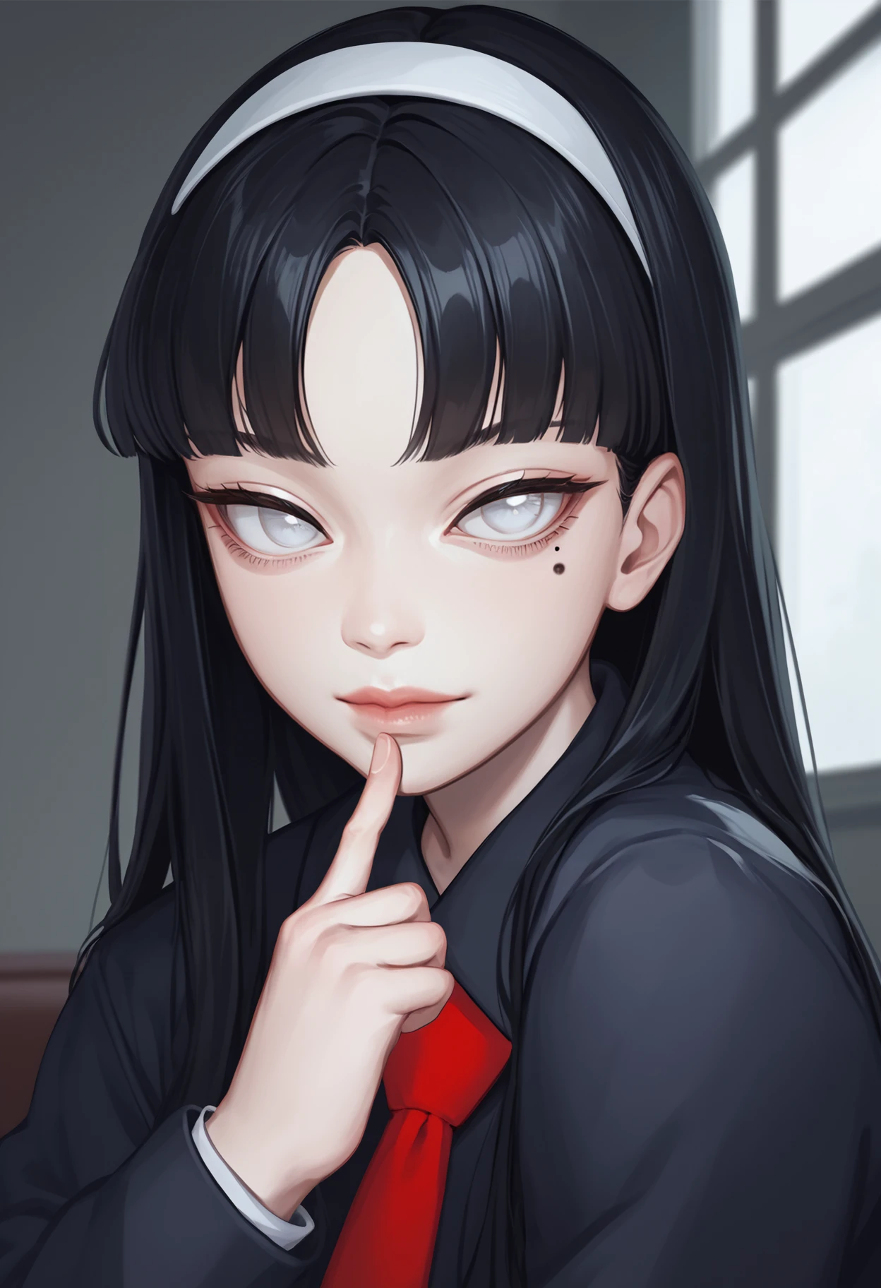 score_9, score_8_up, score_7_up, source_anime BREAK 1girl, solo, <lora:kawakamitomie-junjiito-richy-v1_pdxl:1> kwkm, white eyes, black hair, long hair, blunt bangs, parted bangs, white hairband, mole under eye, black jacket, red necktie, school uniform, close-up, finger to mouth, shushing, lips, closed mouth, looking at viewer