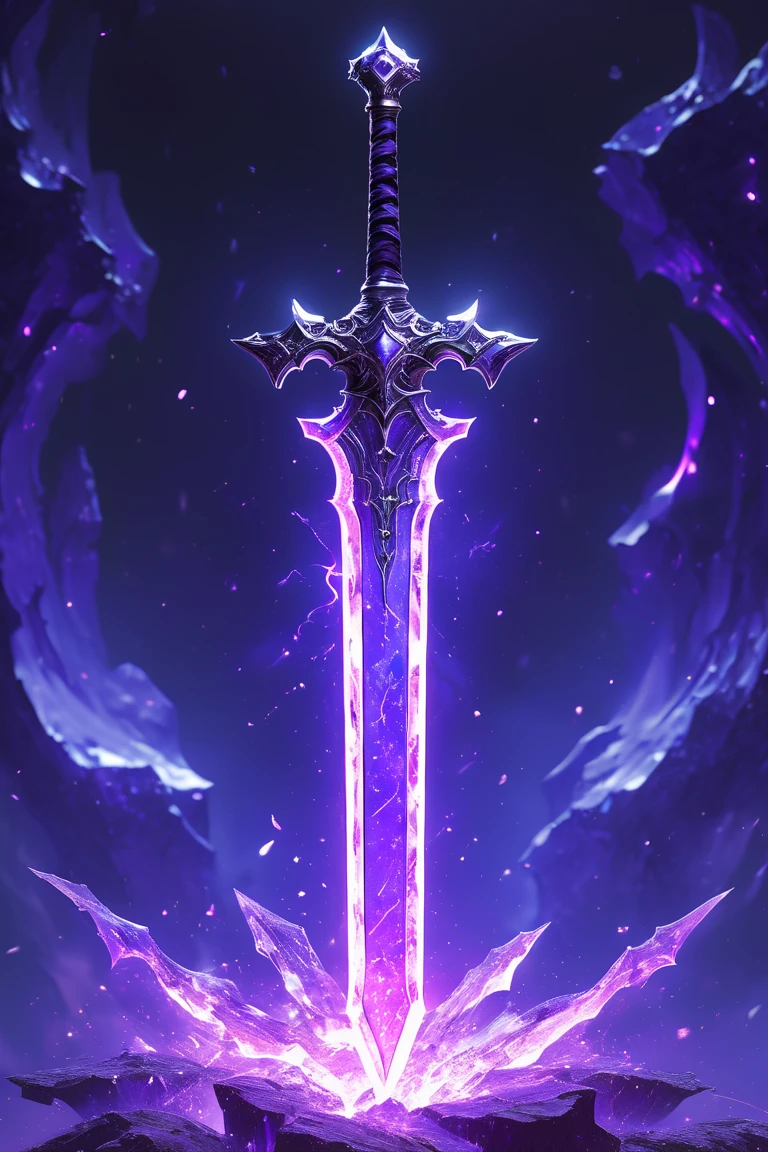 a magestic purple sword with silver handel, lightning sword, glowing purple. realistic, glowing, iridescent, iluminescent. beautiful background, surrounded by purple crystlas, romantic light. The artwork is in the style of cinematic style using an unreal engine, lightning storm in the background, lightning, purple thunder. SwordDisplay, HD, masterpiece, best quality, hyper detailed, ultra detailed, super realistic