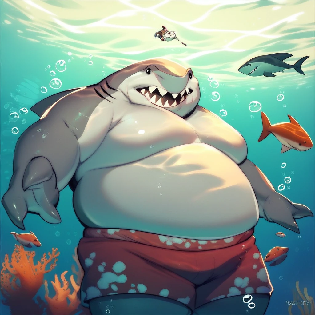 score_9, score_8_up, score_7_up, score_6_up, score_5_up, score_4_up, king shark, shark, anthro, fat, three toes, in the ocean, swimming, looking at viewer, underwater, sea background