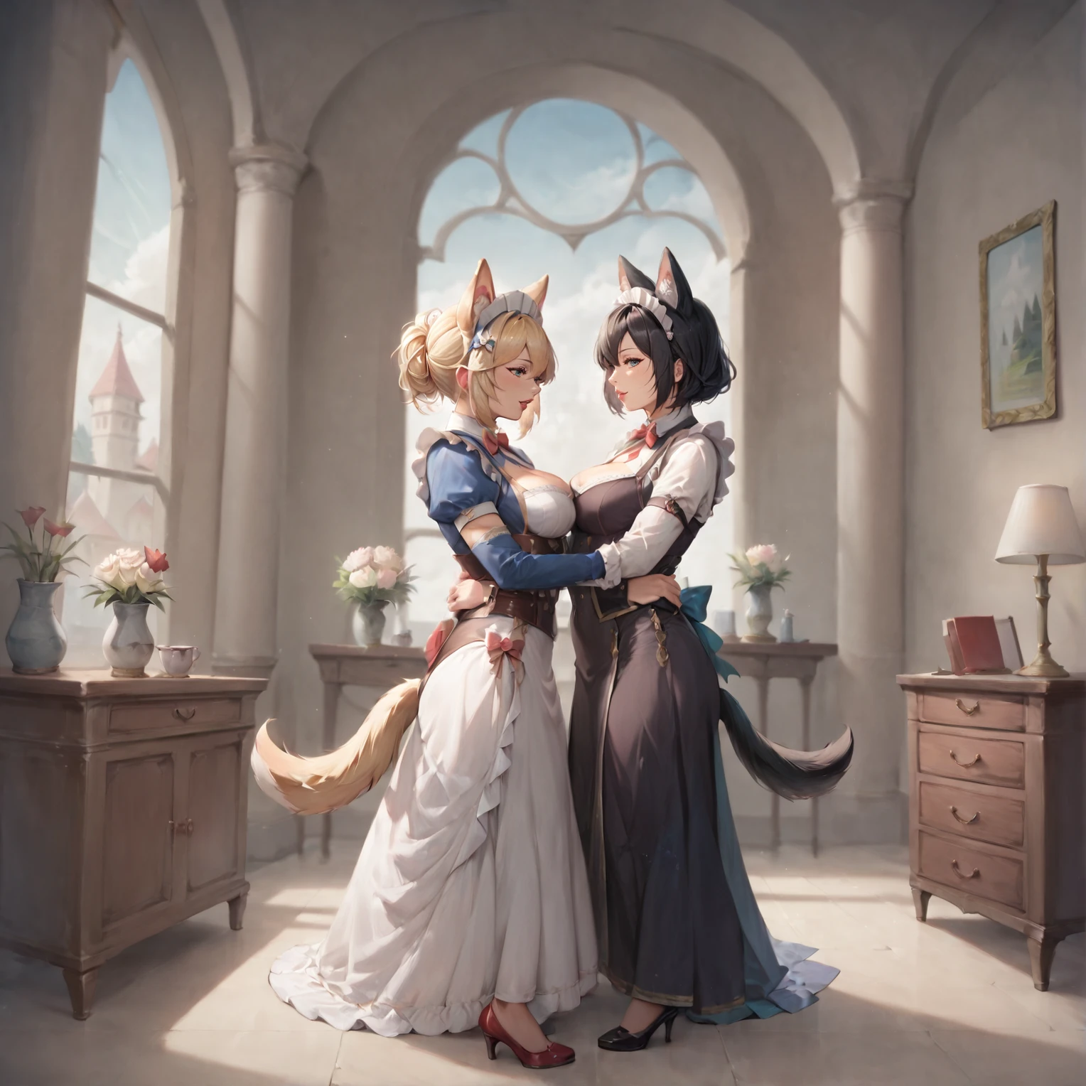 2girls, maid, hug, blonde hair, black hair, palace, tail, animal ears, beastfolk, <lora:Beastfolk_Pony_XL:1>, BREAK score_9, score_8_up, score_7_up, best quality, masterpiece, 4k, prefect lighting, very aesthetic, anime, zPDXL2, high quality, highres, masterpiece, best quality, 8k, intricate, detailed, <lora:add_details_xl:0.6>, <lora:sinfully_stylish_SDKL:0.5>, <lora:nudify_xl_lite:0.5>, <lora:epiCRealismHelper:0.5>, <lora:NsfwPovAllInOneLoraSdxl:0.5>, <lora:JuggerCineXL2:0.5>