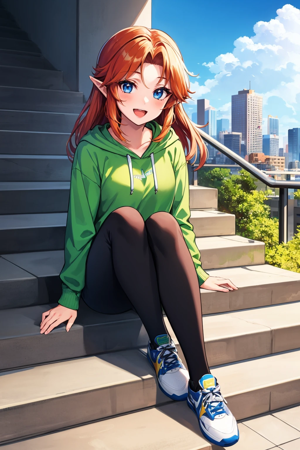 masterpiece, best quality, 1girl, solo <lora:cremia-nvwls-v1-000009:0.9> cremia, orange hair, pointy ears, green hoodie, black pants, sitting, stairs, city, looking at viewer, smile, sneakers, open mouth