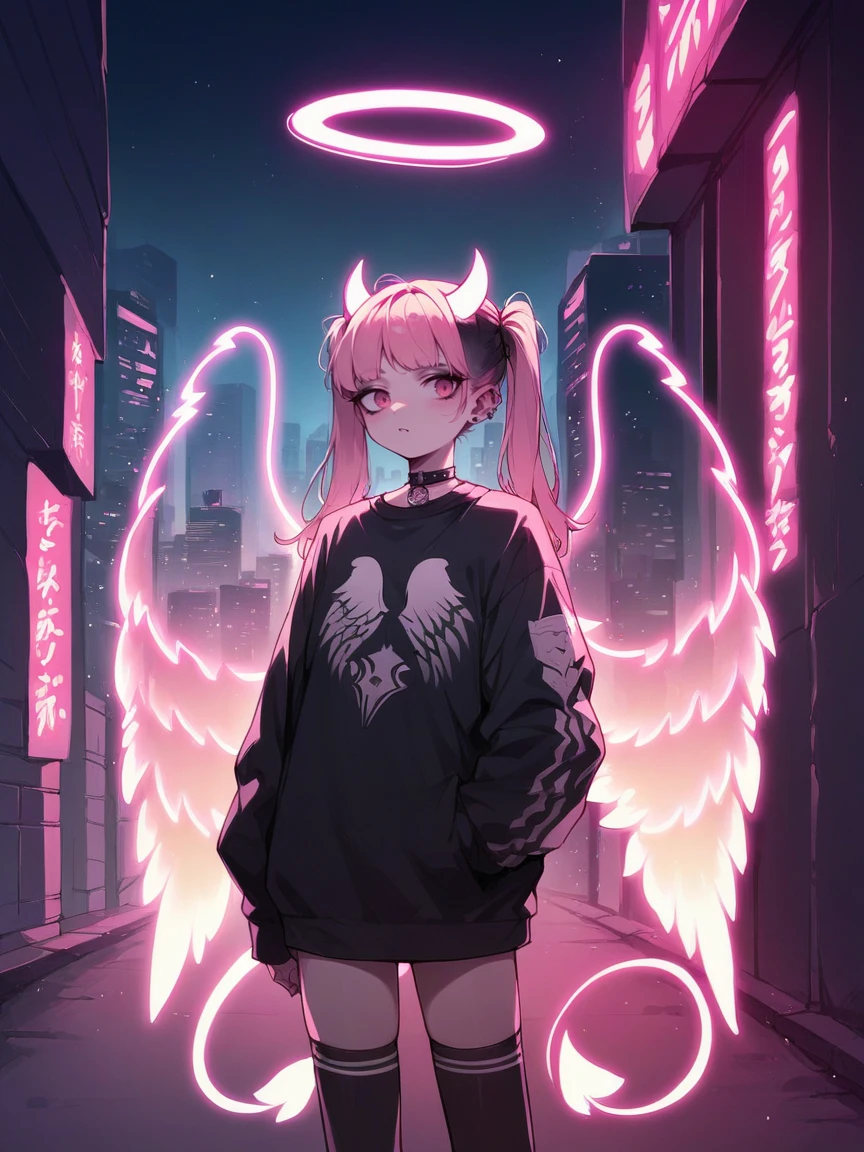 score_9, score_8_up, score_7_up, score_6_up, score_5_up,  source_anime,  <lora:n30nw1ngsXLP2:0.8> n30nw1ngs, neon light wings, wings, angel, cityscape, halo, pink, goth, twintails, horns,