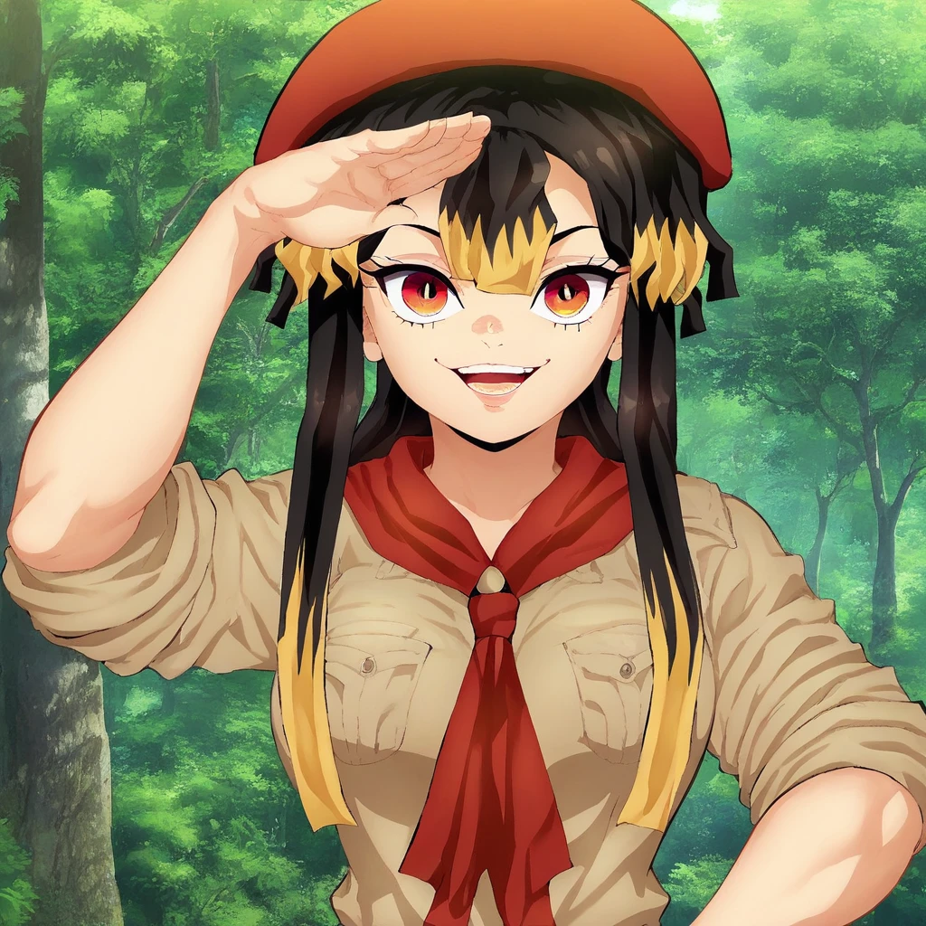 score_9, score_8_up, score_7_up, <lora:Aiko_Hayashi:1>, 1girl, solo, hat, black hair, blonde hair, smile, looking at viewer, multicolored hair, open mouth, red eyes, beret, neckerchief, red headwear, upper body, salute, tree, sleeves rolled up, outdoors, red neckerchief, shirt, nature, breasts, uniform, forest, long hair, hand on own hip, brown shirt, teeth, sidelocks, orange eyes, short sleeves