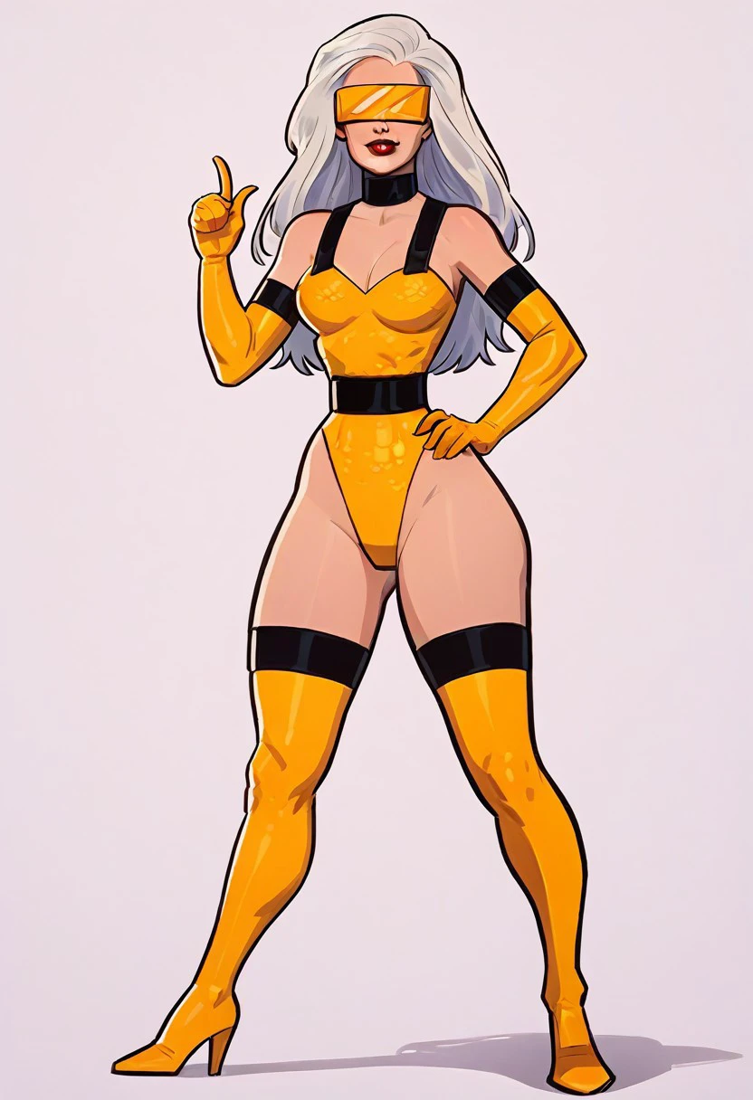 score_9, score_8_up, score_7_up, score_6_up, score_5_up, score_4_up,intricate detail, high res, beautiful face,
Coachwhip, 1girl, solo, yellow visor over eyes, long hair, white hair, leotard, thighhighs, boots, breasts, elbow gloves, red lipstick
Full body, standing, one hand on hip, other hand giving thumbs up, superhero background
<lora:MARELycoXL:1>