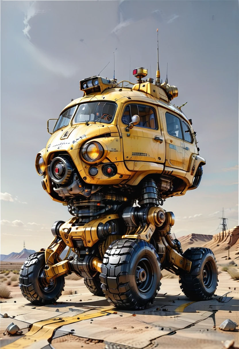 no humans, vehicle focus, science fiction, robot, ground vehicle, shadow, wheel, mecha, motor vehicle, radio antenna, grey sky background, non-humanoid robot, wheeled vehicle, yellow paint, car
(ultra sharp focus:2), (detailed windows:2), (thin lines:2), 
(best quality:1.8),
<lora:Apparatus - Traction City Walkers Vehicles_epoch_11:0.8>