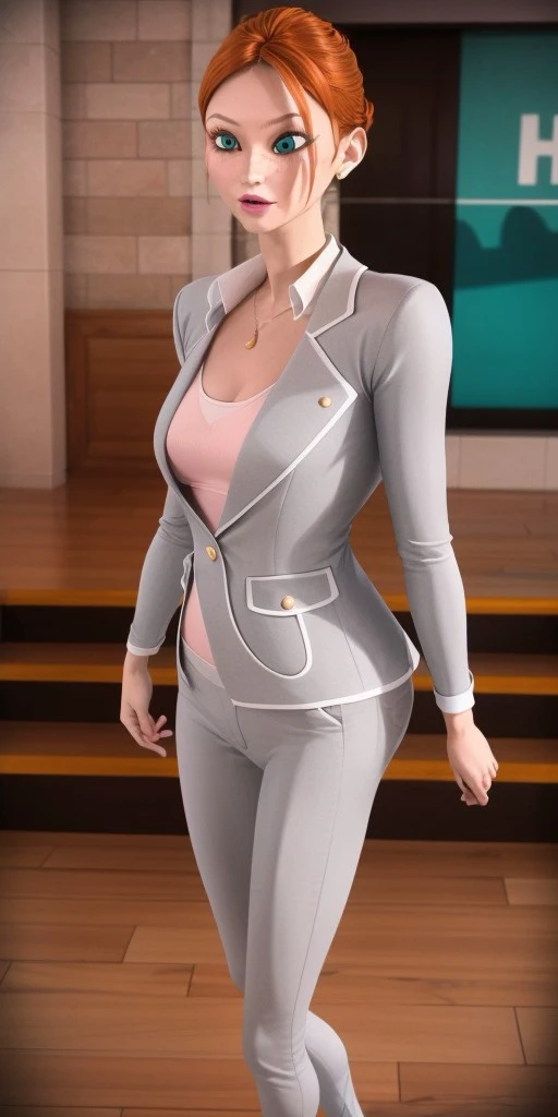 Hyperrealistic, perfect face, expressive strong cyan eyes, photorealistic, super detailed, (gray jacket), (gray trousers), body like in real life, large pores, tall, light-skinned, beautiful arms, beautiful legs, standing on a stage, unreal engine, cinematic lighting, bokeh, droped shadow, octane render, <lora:add_detail:0.5>, <lora:Volumetric_lighting:0.6>, thin light pink lips, freckles, orange hair which she pulls back in a high bun, strong cyan eyes, Bustier, Caline, , <lora:2baf874f-84ac-4a70-939e-e7522d2575e2:0.7>