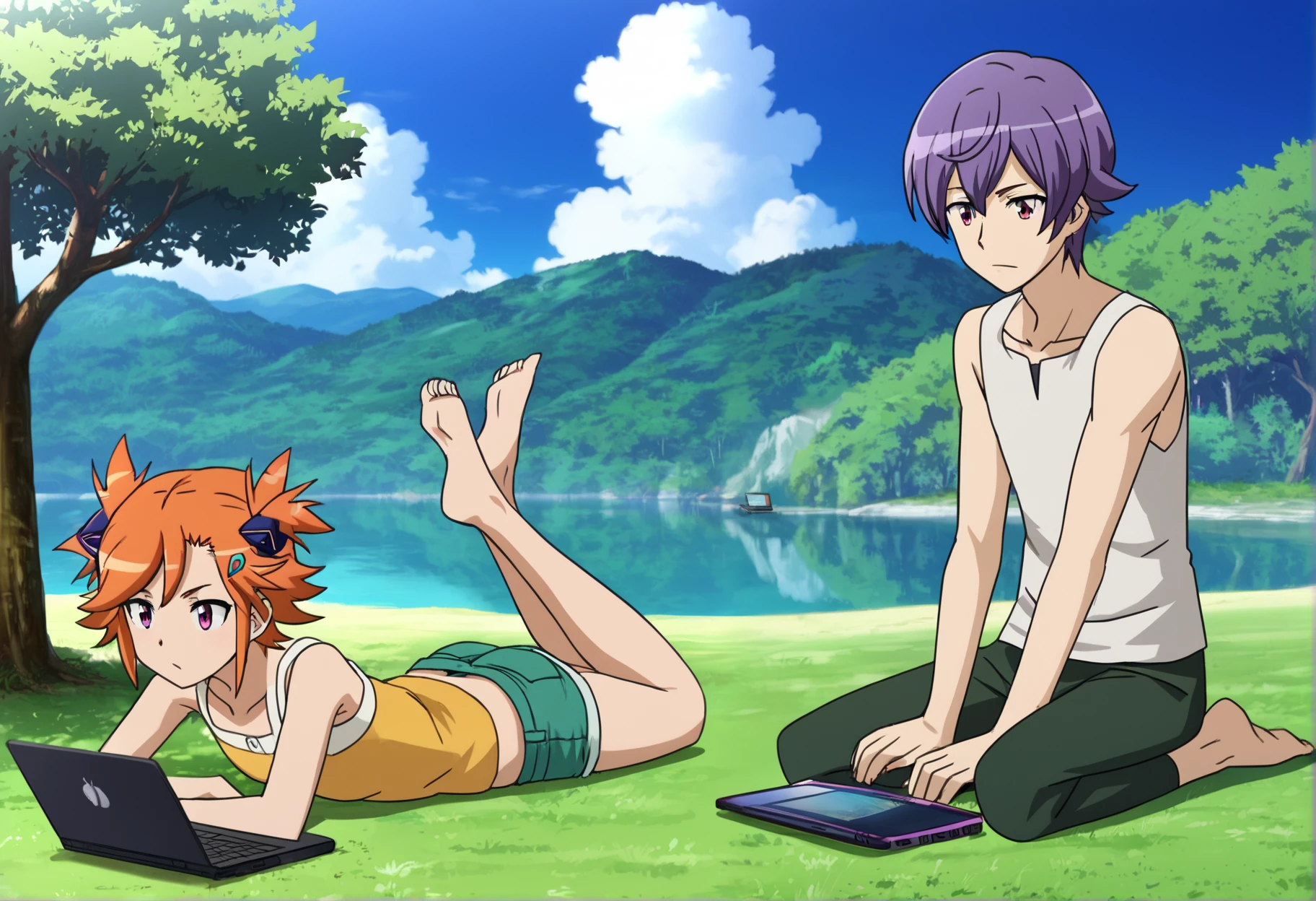 score_9_up, source_anime,  yomatsuri_akari, arashi_teppei, 1girl, short hair, 1boy, outdoors, purple hair. lying, sitting. red eyes. sky, shorts, barefoot, day, cloud, orange hair, tree, tank top, grass, on stomach, nature, computer, laptop, the pose