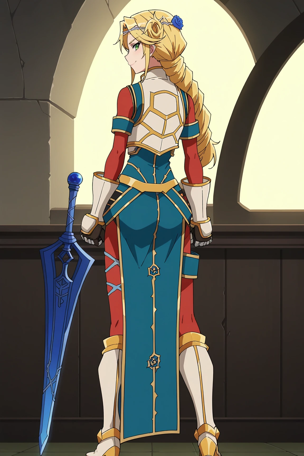 score_9, score_8_up, score_7_up, source anime, prefect lighting, very aesthetic, BREAK, anime screencap, anime coloring,
<lora:lakyus_overlord_v1-pdv6:0.9>, 1girl, lakyus alvein dale aindra, overlord \(maruyama\), blonde hair, green eyes,
lakyusout1, braid, hair flower, hair ornament, gloves, boots, armor, white footwear, gauntlets, blue flower,  , 
BREAK, smile, looking at viewer, cowboy shot, 
BREAK,