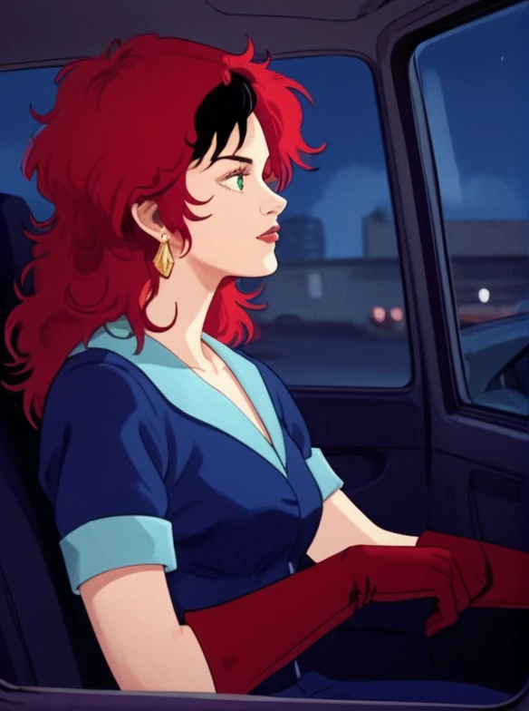 buddr00t, score_8_up, score_7_up, source_manga, rating_safe, <lora:BuddR00tXLP:0.5>, girl, solo, vw4rfi3ld, red hair with black streak, messy hair, green eyes, earrings, blue racing outfit, red gloves, from the side out of a car window <lora:Vanessa_Warfield_-_MASK_1985_-_Pony:0.8>, (profiles:0.4)