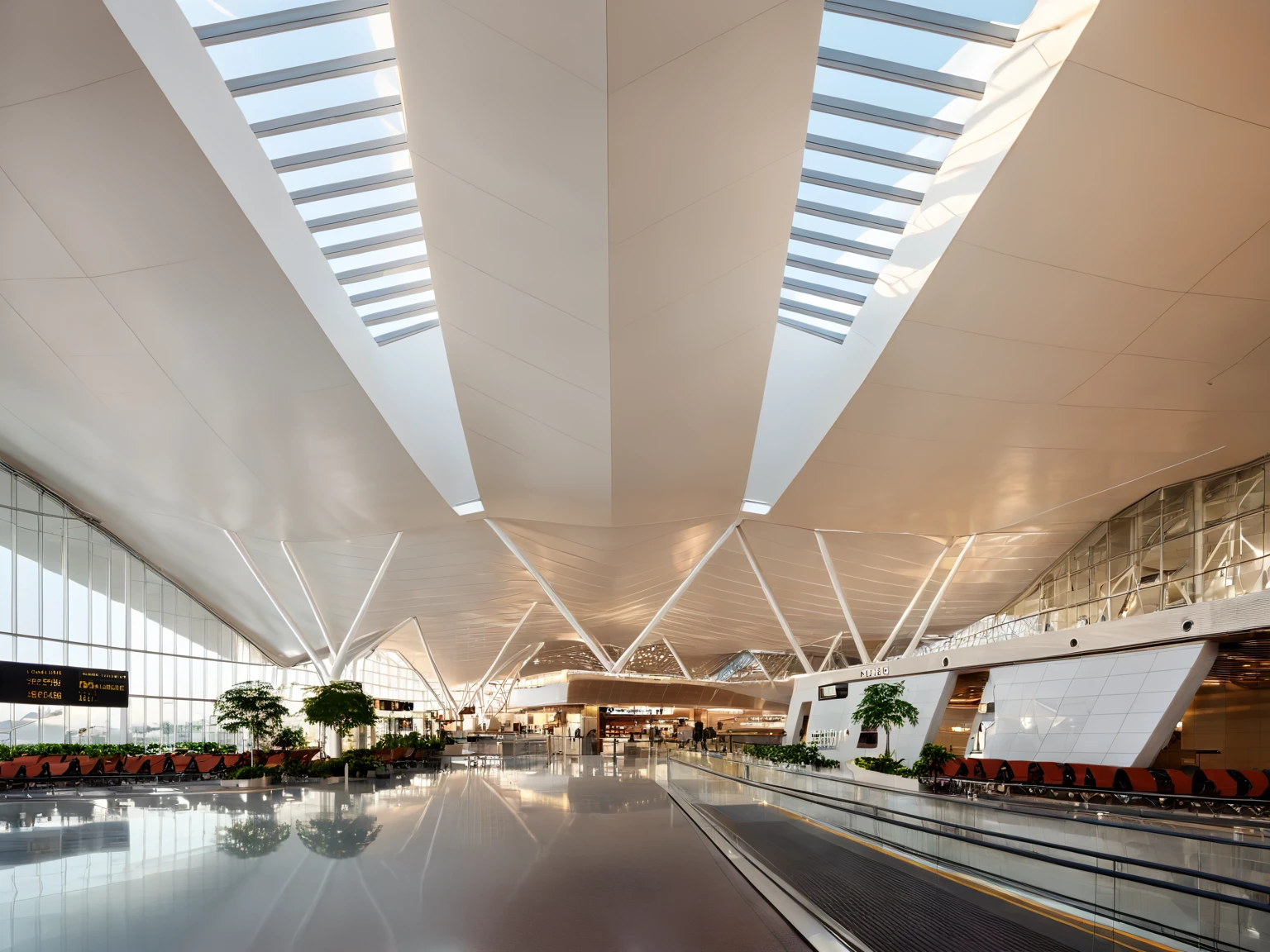 Architectural style  <lora:JJsAirport_XL:1> , ((Airport)), building,masterpiece , best quality, (soft lighting), day light, high quality,(indoors), roof, tree, stainless, airplane,  scenery,real world location, enough detail, high resolution, , super realistic, Photorealistic,  highly detailed, center composition, curvy, symmetry, reflection, golden hour, triangle, glass, seat, counter, . Clean lines, geometric shapes, minimalist, modern, architectural drawing, highly detailed