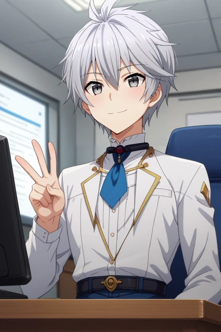 score_9, score_8_up, score_7_up, source_anime, rating_safe, intricate details, , , depth of field, 1boy, solo, male focus, <lora:lux_arcadia_pony:1>, lux_arcadia, grey hair, grey eyes, short hair, hair between eyes, from below, office, computers, day, sunny, v, peace sign, naughty smile, , <lora:sdxl_lightning_8step_lora:1>