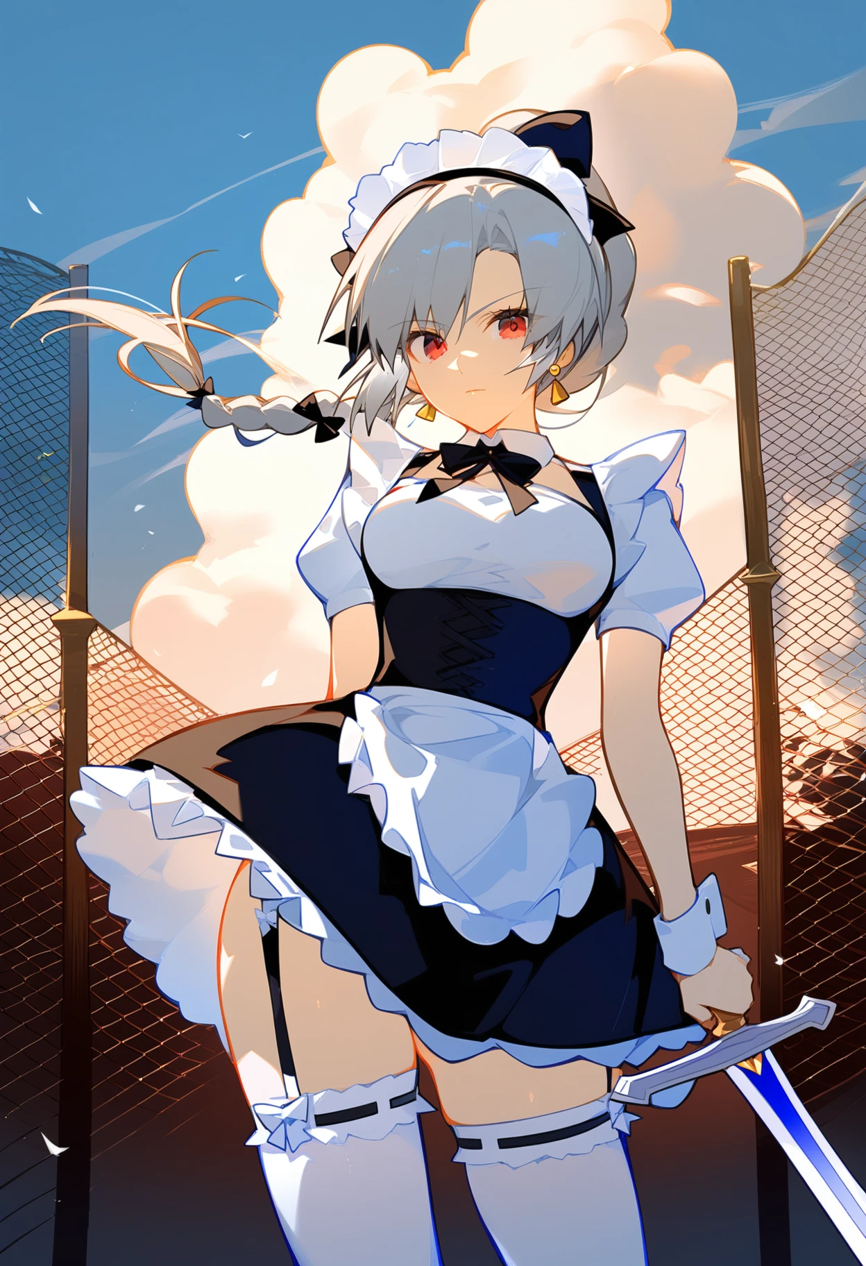 anime,1 girl,Saber (Fate series),solo,standing,red eyes,long silver hair,(high ponytail:1.2),maid headdress,white shirt,short sleeves,jewelry,breasts,ribbon,frills,blue sky,earrings,black skirt,cowboy shot,(thigh-high stockings:1.4),looking at viewer,closed mouth,bow,high-waist skirt,cloud,hair ribbon,arm behind back,grey hair,maid,suspenders,(chain-link fence:1.1),wind,braid,thighs,hair over one eye,(maid uniform:1.3),(Excalibur:1.5),heroic spirit,(holy grail war:1.2),scenic view,(fantasy background:1.4).,, masterpiece, best quality