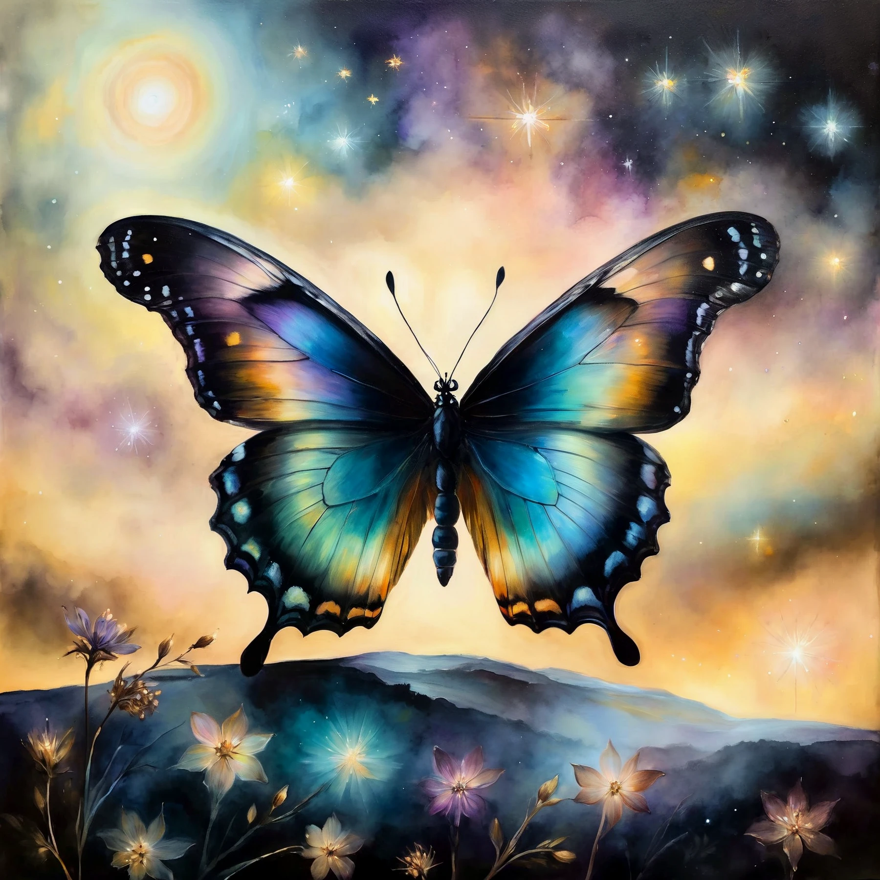 a butterfly with iridescent wings. 

Atmospheric, rustic, moody.

<lora:NightCourt01_CE_SDXL:0.9> nghtcrtCE