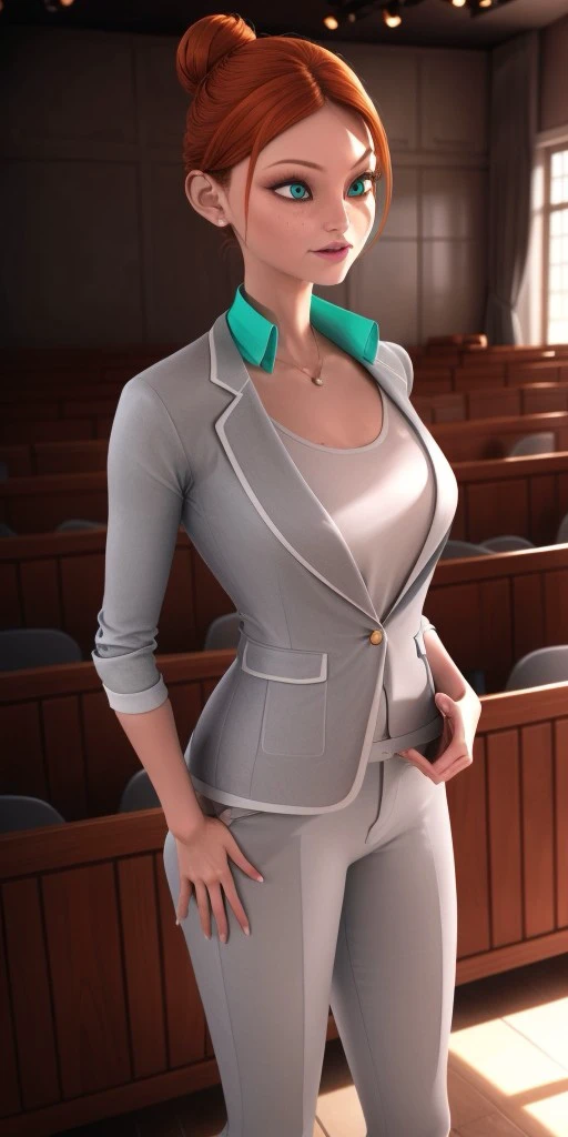 Hyperrealistic, perfect face, expressive strong cyan eyes, photorealistic, super detailed, (gray jacket), (gray trousers), body like in real life, large pores, tall, light-skinned, beautiful arms, beautiful legs, standing on a stage, unreal engine, cinematic lighting, bokeh, droped shadow, octane render, <lora:add_detail:0.5>, <lora:Volumetric_lighting:0.6>, thin light pink lips, freckles, orange hair which she pulls back in a high bun, strong cyan eyes, Bustier, Caline, , <lora:2baf874f-84ac-4a70-939e-e7522d2575e2:0.7>