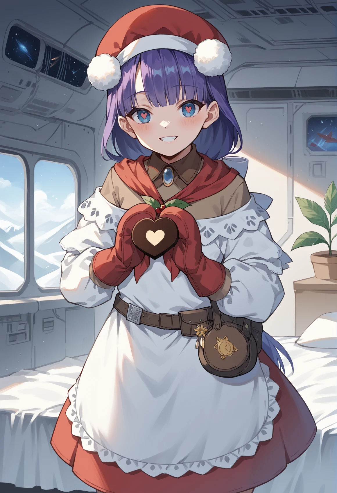 1girl, long hair, purple hair, blue eyes, age regression, beret, shirt, apron, mittens, bandana around neck, spacecraft interior, bed, plant, white walls, holding heart-shaped chocolate, heart-shaped pupils, evil smile, flat chest, low-tied long hair <lora:Martha_XL:1>, score_9, score_8_up, score_7_up, score_6_up, score_5_up, score_4_up, BREAK source_anime, masterpiece