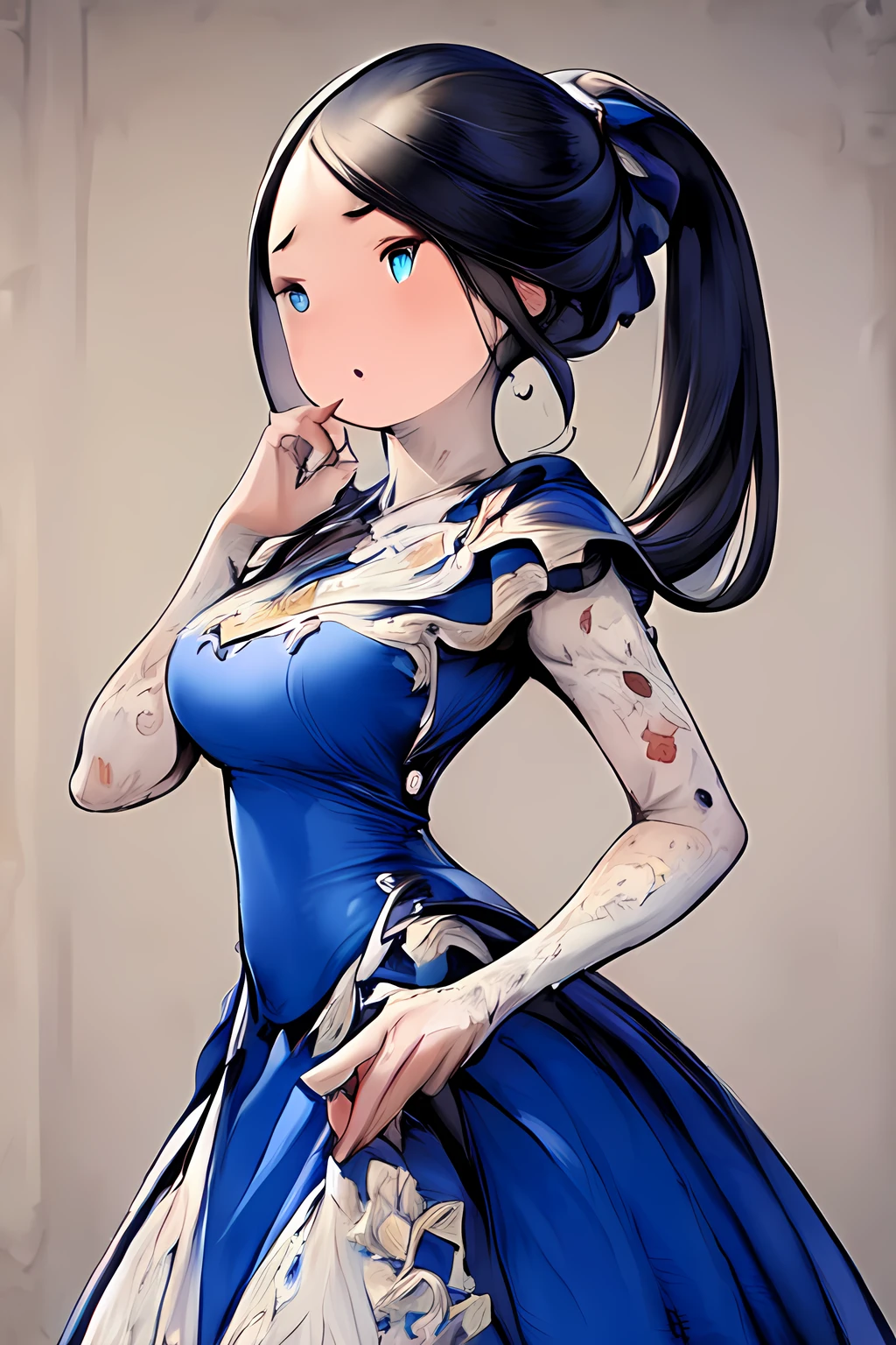 (masterpiece, best quality:1.4), (extremely detailed fine touch:1.2), best quality, expressive eyes, perfect face, perfect hands, perfect fingers (masterpiece), 1girl, blue dress, black hair, ponytail, <lora:styles\Akihiko_Yoshida_Chibi_Style_v2.1.safetensors>