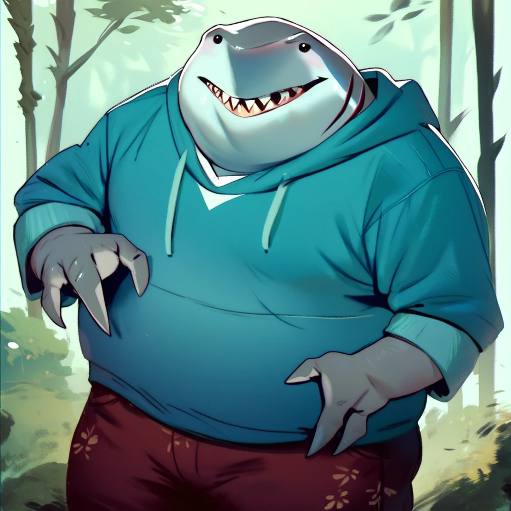 score_9, score_8_up, score_7_up, score_6_up, score_5_up, score_4_up, king shark, shark, anthro, fat, three toes, blue hoodie, burgundy pants, friendly pose, forest background, looking at viewer