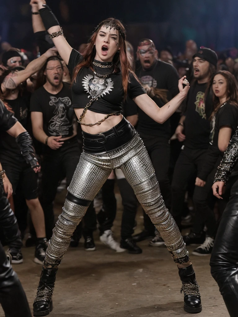 a professional absurdres intricately detailed sharp focus full body photograph of (Aria_Bedmar:1.1),
pogoing in the center of a mosh pit at a thrash metal concert,
wearing leather pants and a chain mail shirt,
 <lora:Aria_Bedmar - SD:0.8>