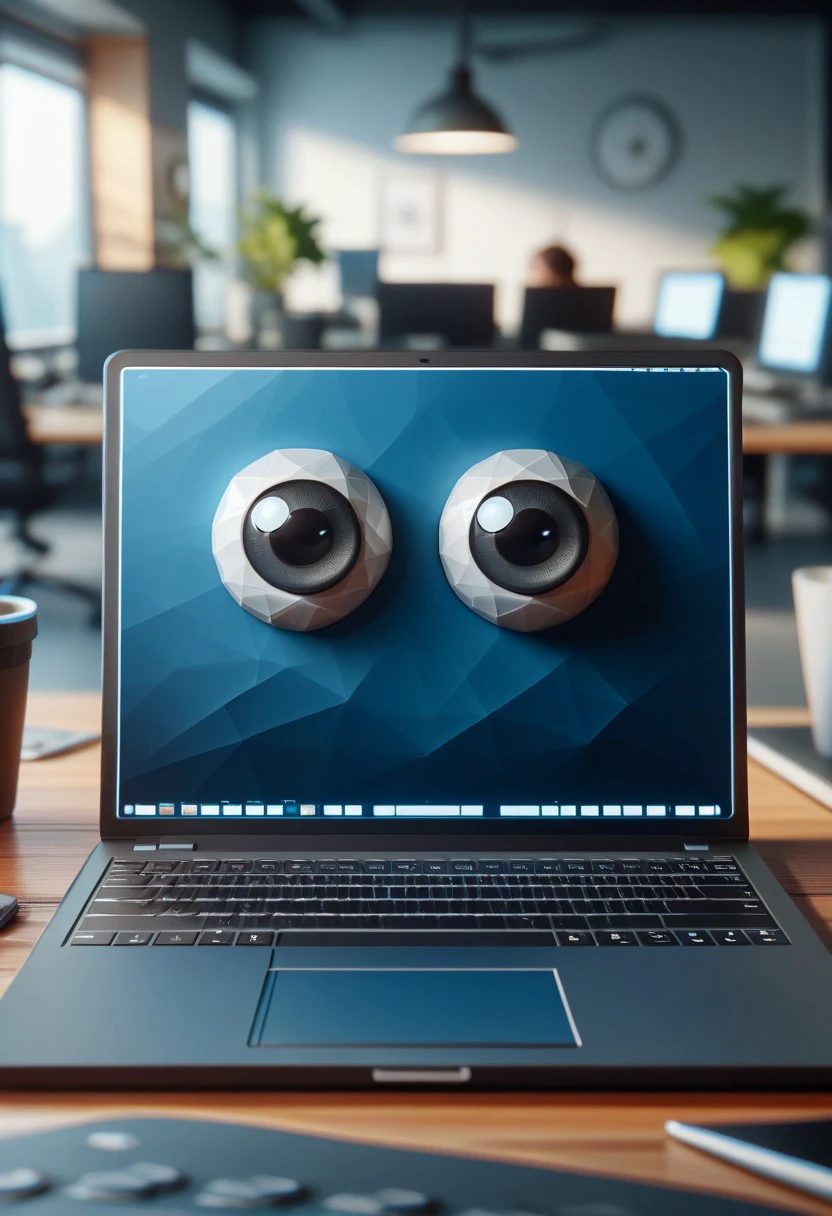 score_9, score_8_up, score_7_up, score_6_up, score_5_up, score_4_up, (r4r3style, low poly, googly eyes), laptop, office background, blurred background,