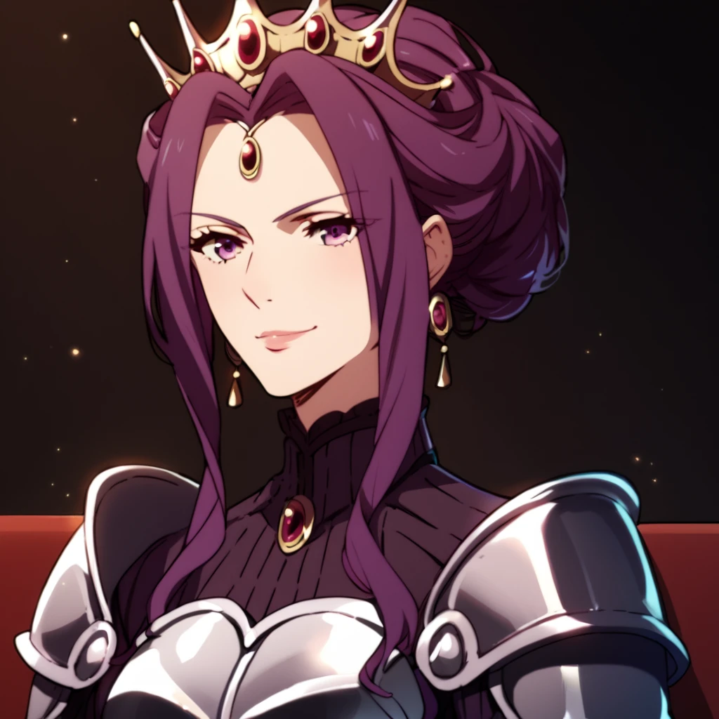 score_9, score_8_up, score_7_up, score_6_up, score_5_up, score_4_up, source_anime,  Mirelia, purple hair, purple eyes, armor, crown, , smirk, sitting, portrait