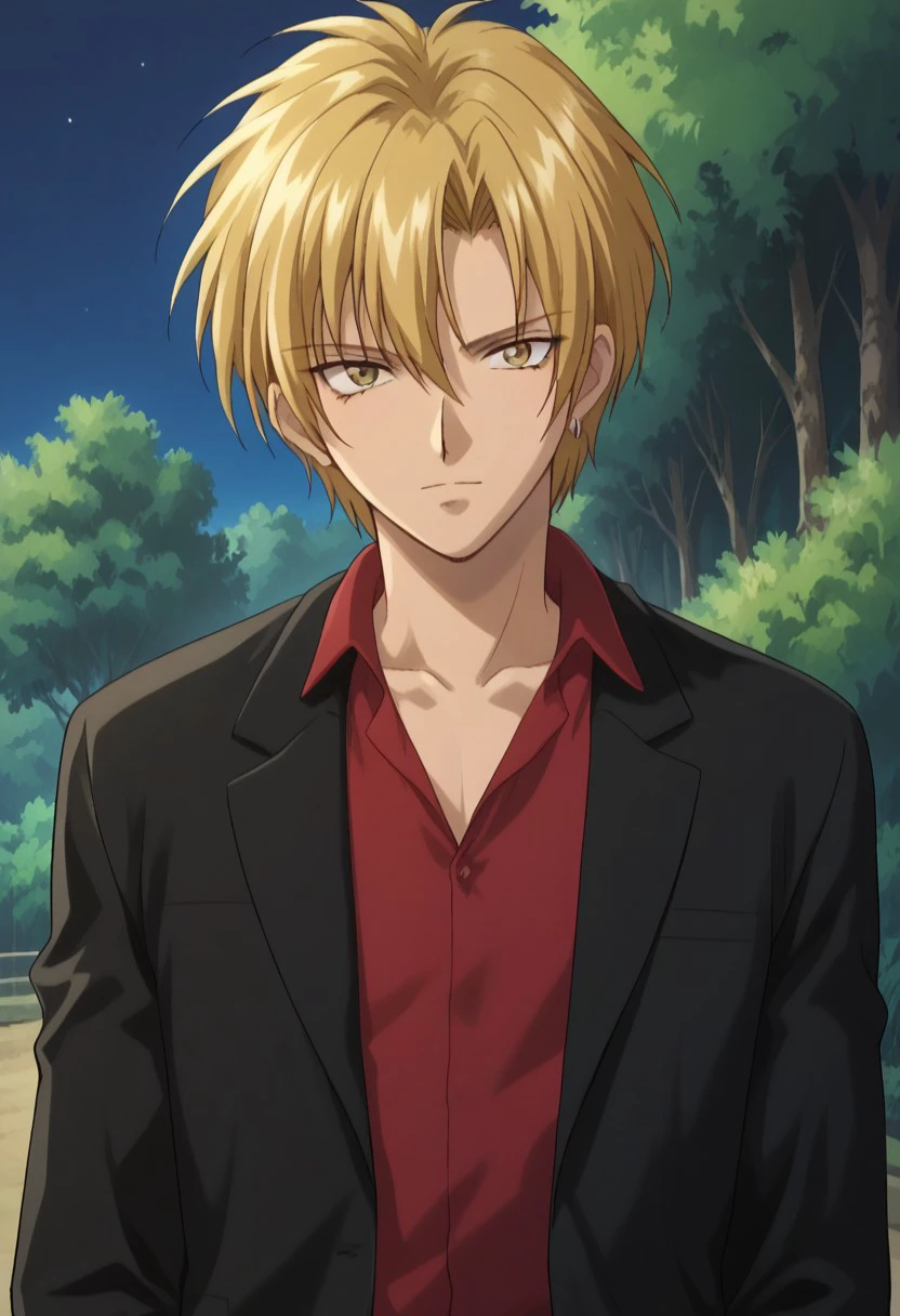 score_9, score_8_up, score_7_up, source_anime, highly detailed, 
eiriyuki, solo, 1boy, male focus, blonde hair, yellow eyes, shirt, red shirt, jacket, black jacket, open jacket, tree, formal, suit, bush, outdoors, looking at viewer, upper body, jewelry, earrings, night,